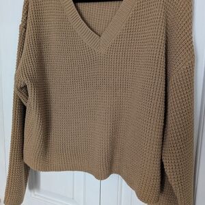 Camel Color Cropped Sweater For Women Cute Cozy Clothing Top Shirt Winter Fall